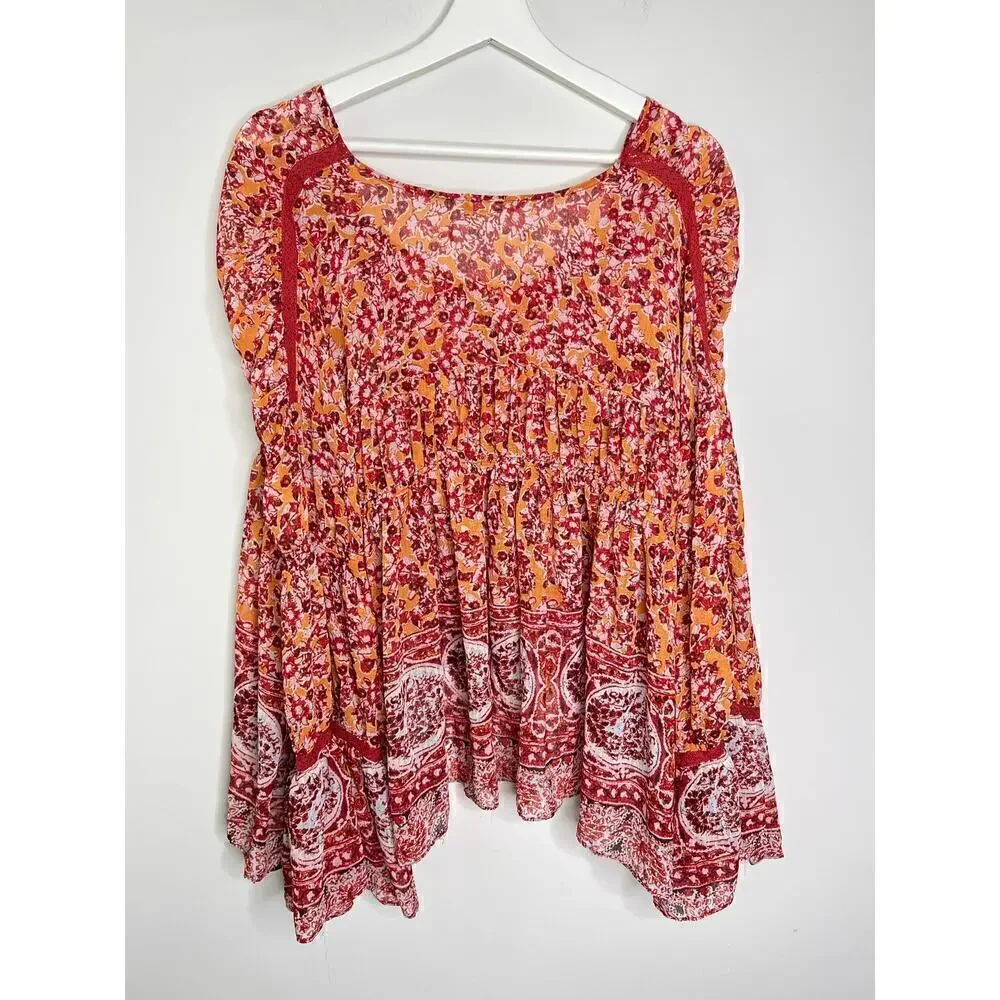 Free People Lorraine Tiered Tie Front Kimono Blouse Top Red/Yellow Womens Size M